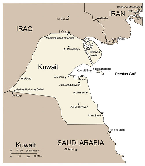 Kuwait Country Map, Capitals. Names. Edit with PowerPoint or Adobe Illustrator, includes a JPG version