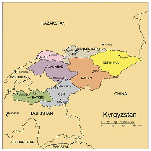 Kyrgyzstan, Country Map, Administrative Districts, Capitals, Names. Edit with PowerPoint or Adobe Illustrator, plus JPG format