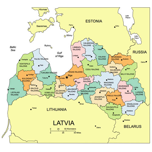 Latvia Country Map, Administrative Districts, Capitals. Names. Edit with PowerPoint or Adobe Illustrator, includes a JPG version