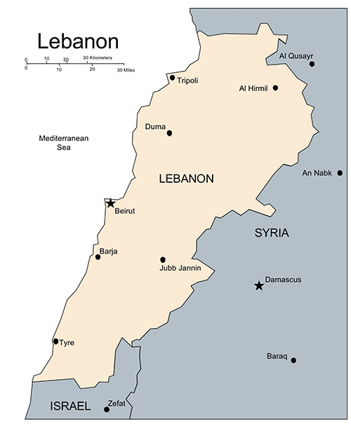Lebanon Country Map, Capitals. Names. Edit with PowerPoint or Adobe Illustrator, includes a JPG version