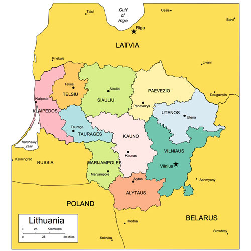 Lithuania Country Map, Administrative Districts, Capitals. Names. Edit with PowerPoint or Adobe Illustrator, includes a JPG version