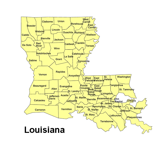 Louisiana State County Map, with names, printable, royalty-free, jpg format.