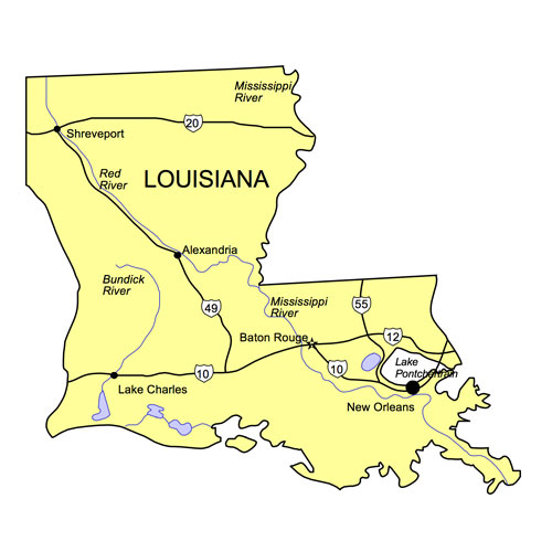Louisiana US State PowerPoint Map, Highways, Waterways, Capital and Major Cities