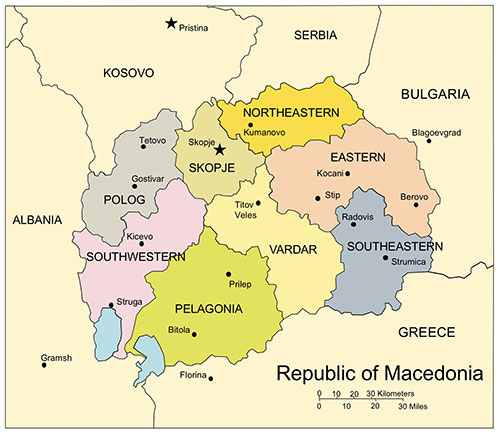 Macedonia Country Map, Administrative Districts, Capitals. Names. Edit with PowerPoint or Adobe Illustrator, includes a JPG version