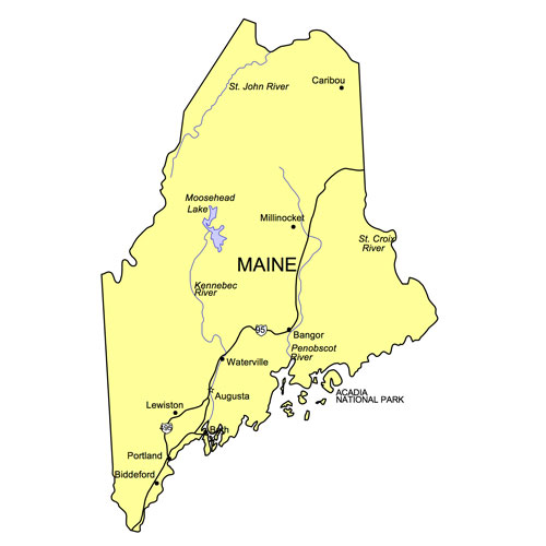 Maine US State PowerPoint Map, Highways, Waterways, Capital and Major Cities