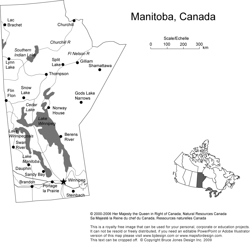 Printable, Blank Map of Manitoba, Canada Province, includes the Capital, Major Cities, Major Highways, Waterways, and Lakes, royalty-free in jpg format, Will print out to make an 8.5 x 11 map. Capital Winnipeg, Canada, other cities, Swan River, Gods Lake Narrows, Gilliam, Thompson.
