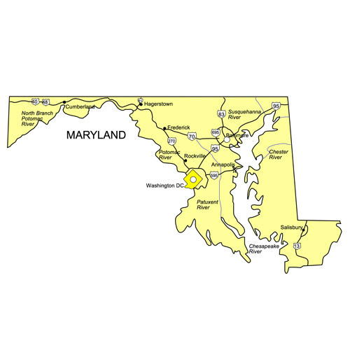 Maryland US State PowerPoint Map, Highways, Waterways, Capital and Major Cities
