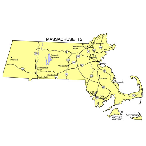 Massachusetts US State PowerPoint Map, Highways, Waterways, Capital and Major Cities