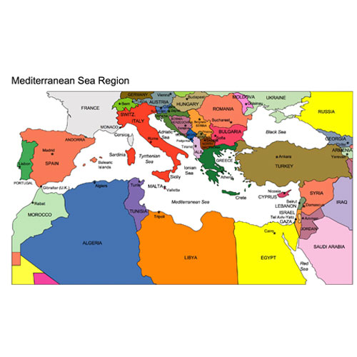 Mediterranean Regional Clip Art Map, Countries, Names. Editable in PowerPoint and Adobe Illustrator, Plus JPG Format