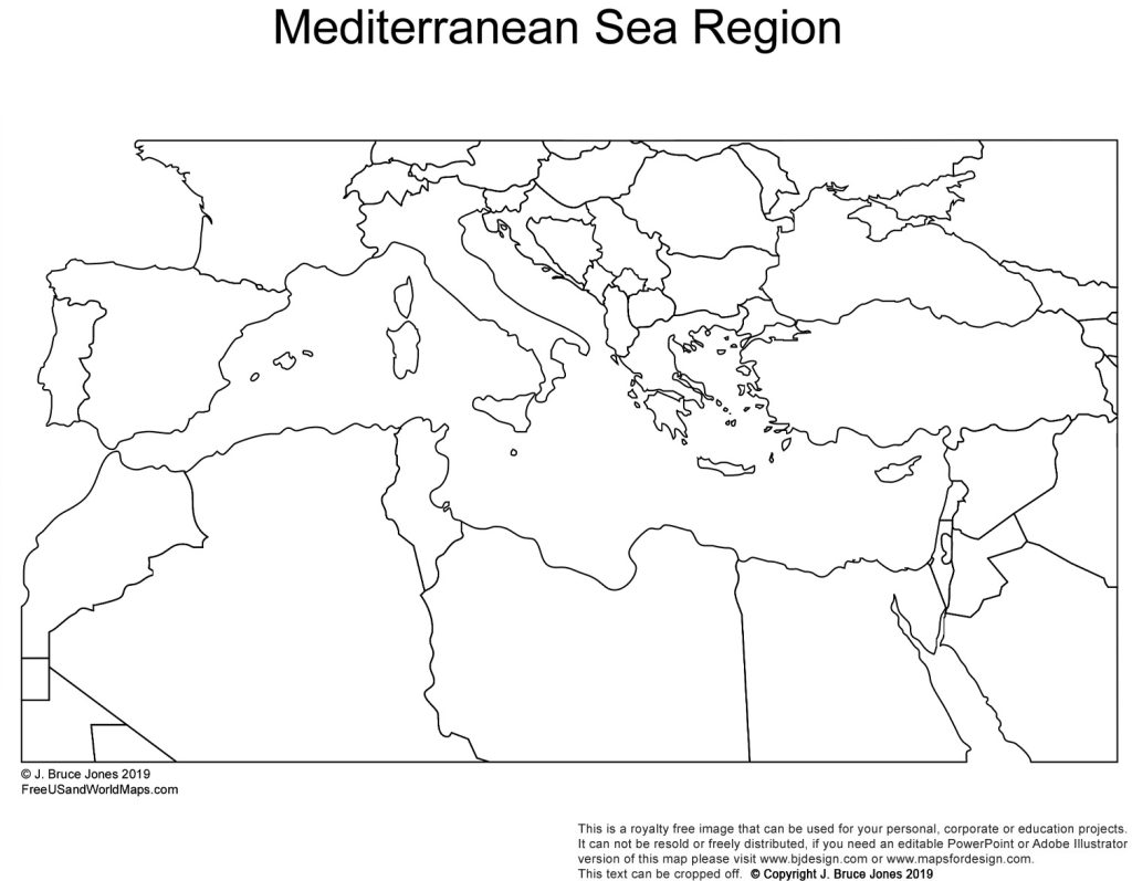 Mediterranean Sea Region Printable Blank Map, country borders but no names, jpg format, This map can be printed out to make an 8.5 x 11 blank France, Spain, Italy, Turkey, Syria, Iraq, Saudia Arabia, Jordan, Israel, Egypt, Libya, Algeria, Tunisia, Morocco, Greece, Bulgaria, Albania, Portugal, Switzerland, Malta. Royalty-Free.