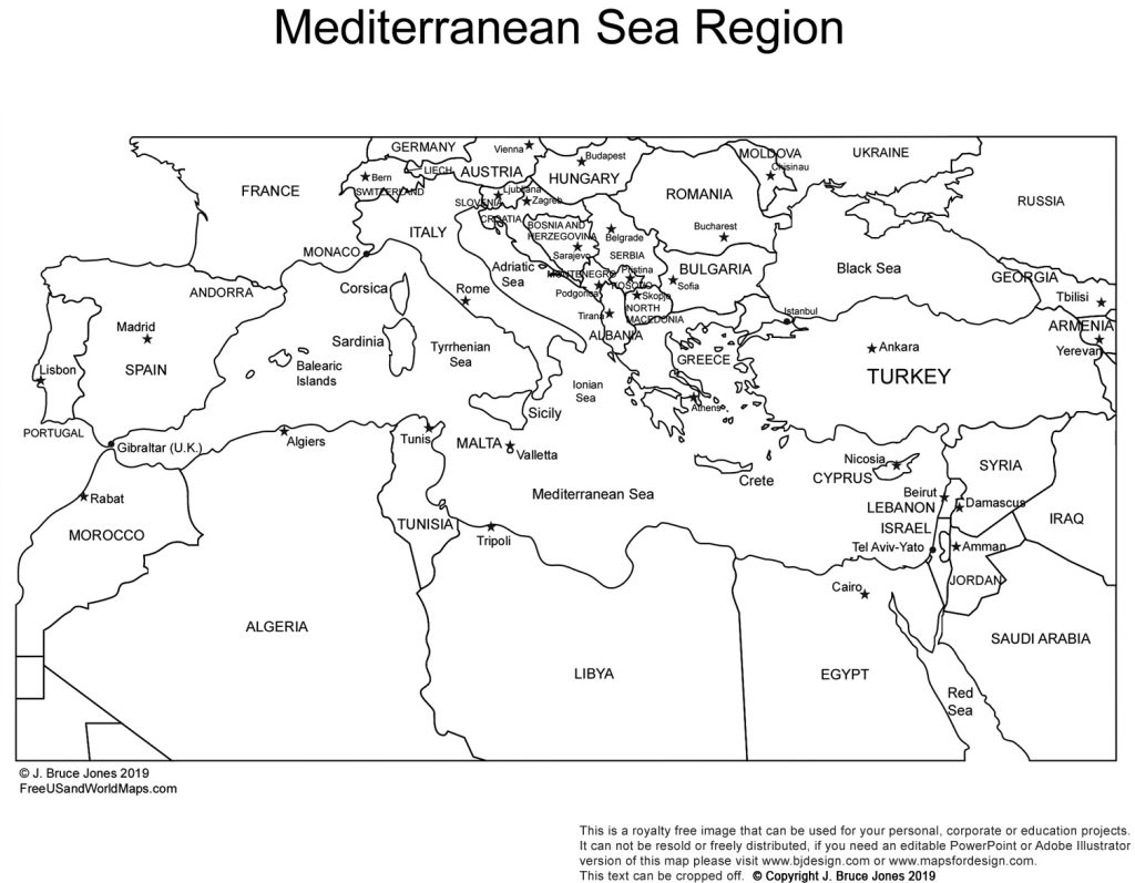 Mediterranean Sea Region Printable Blank Map, country borders and names, jpg format, This map can be printed out to make an 8.5 x 11 blank. France, Spain, Italy, Turkey, Syria, Iraq, Saudia Arabia, Jordan, Israel, Egypt, Libya, Algeria, Tunisia, Morocco, Greece, Bulgaria, Albania, Portugal, Switzerland, Malta. Royalty Free.