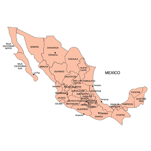 Mexico, country with states. Editable PowerPoint and Adobe Illustrator clip art maps, includes names.