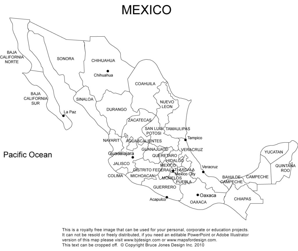 Royalty Free, Printable, Blank, Mexico Map with Administrative Districts and names, jpg format.This map can be printed out to make an 8.5 x 11 printable map.