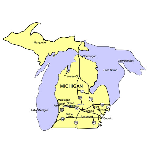 Michigan US State PowerPoint Map, Highways, Waterways, Capital and Major Cities
