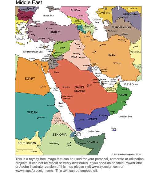 Middle East color printable map with text, Includes iraq, Saudi Arabia, Egypt, Syria, Yemen, Oman, Iran, Jordan, Israel, Lebanon, Cyprus, Turkey, U.E.A. Ethiopia, Sudan, and Somalia, blank, royalty free, jpg format