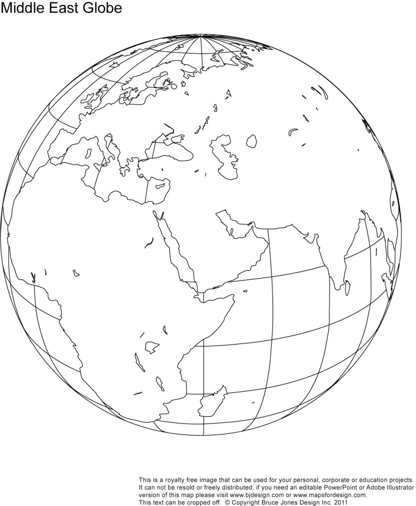 Printable Middle East Globe Blank Map, jpg format. This map can be printed out to make an 8.5 x 11 map. Shows Middle East, Africa, India, Asia, Europe, Mediterranean Sea, Indian Ocean, Central Asia.