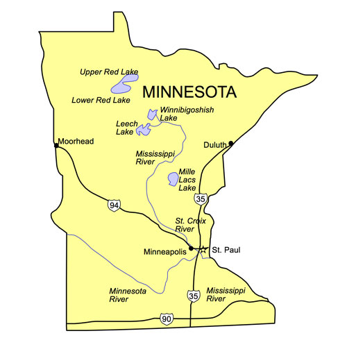 Minnesota US State PowerPoint Map, Highways, Waterways, Capital and Major Cities