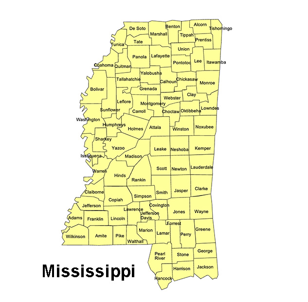 Mississippi State County Map, with names, printable, royalty-free, jpg format.