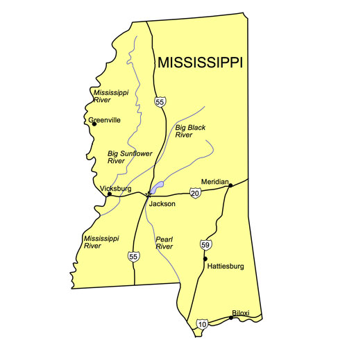 Mississippi US State PowerPoint Map, Highways, Waterways, Capital and Major Cities