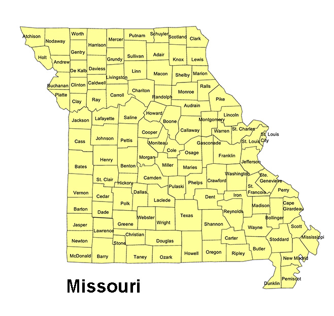 Missouri State County Map, with names, printable, royalty-free, jpg format.