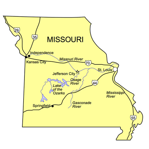 Missouri US State PowerPoint Map, Highways, Waterways, Capital and Major Cities