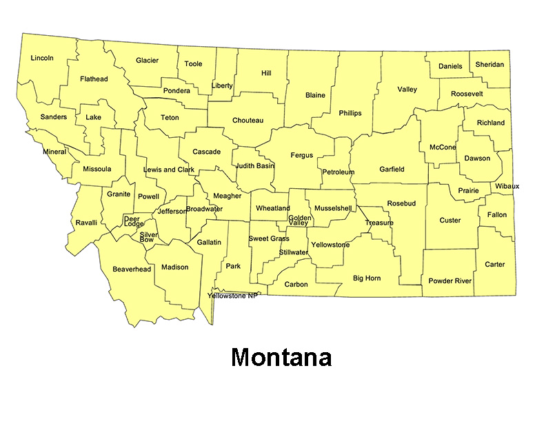 Montana State County Map, with names, printable, royalty-free, jpg format.
