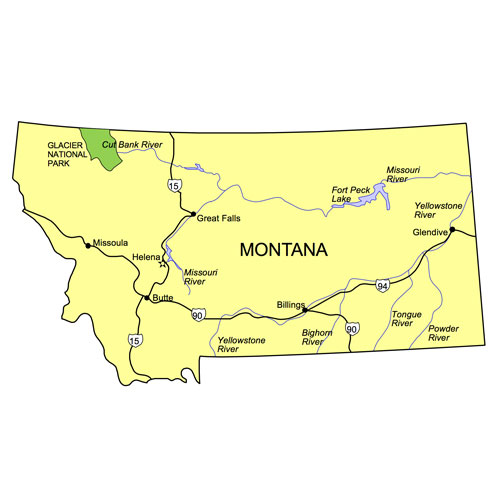 Montana US State PowerPoint Map, Highways, Waterways, Capital and Major Cities