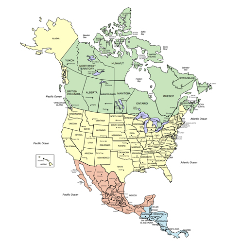 North America Continent Printable, Map, color with names. Includes States, Provinces, and Territories plus Names, United States, USA, Mexico, Canada, Cuba, Greenland, blank, royalty-free, jpg format.