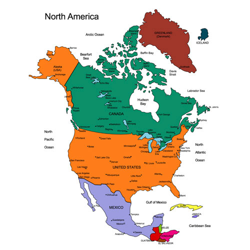 North America Continent Printable, Map, color with names, United States, USA, Mexico, Canada, Cuba, Greenland, blank, royalty free, jpg format