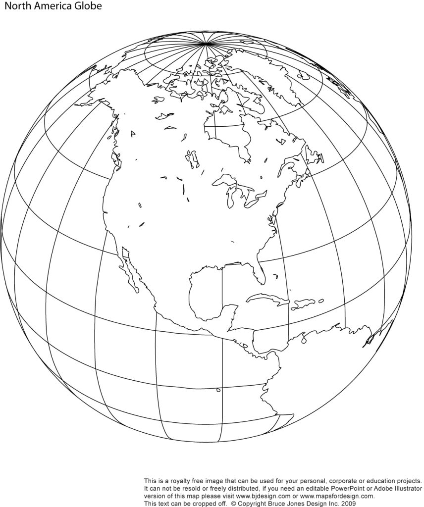 Printable, North America Globe Blank Map, jpg format. This map can be printed out to make an 8.5 x 11 map. Shows the United States, Canada, Mexico, Central America, Carribbean and the top of South America.