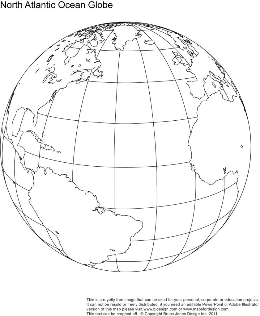 Printable North Atlantic Ocean, Globe Blank Map, jpg format. This map can be printed out to make an 8.5 x 11 map. Shows North Atlantic Ocean, United States, USA, South America, Europe, Africa, South Atlantic Ocean, Greenland, Central America, Cuba.