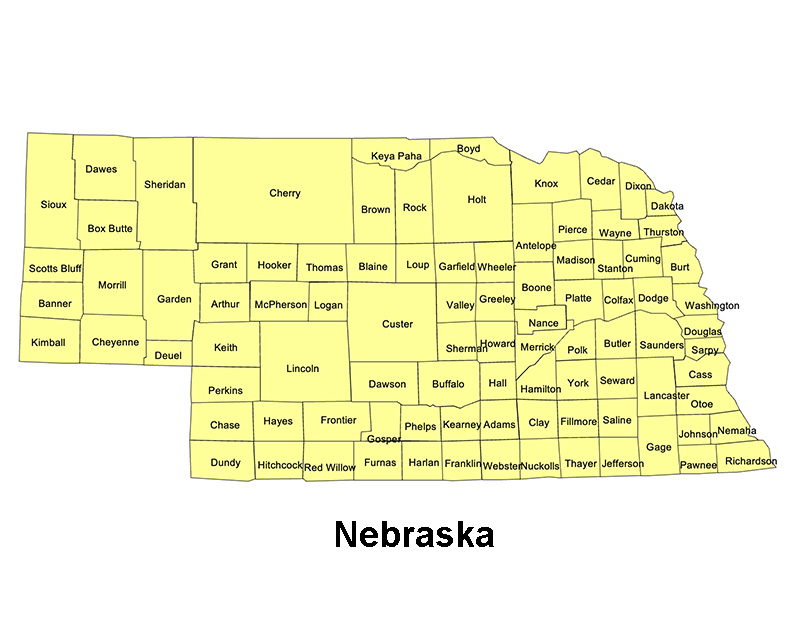 Nebraska State County Map, with names, printable, royalty-free, jpg format.