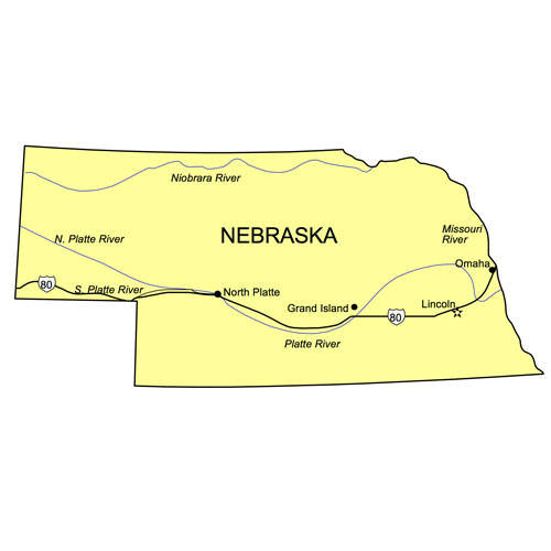Nebraska, US state, capital Lincoln, Major cities Omaha and North Platte. jpg file format