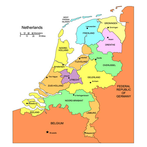 The Netherlands Country Map with Administrative Districts, Capitals. Names. Edit with PowerPoint or Adobe Illustrator, includes a JPG version