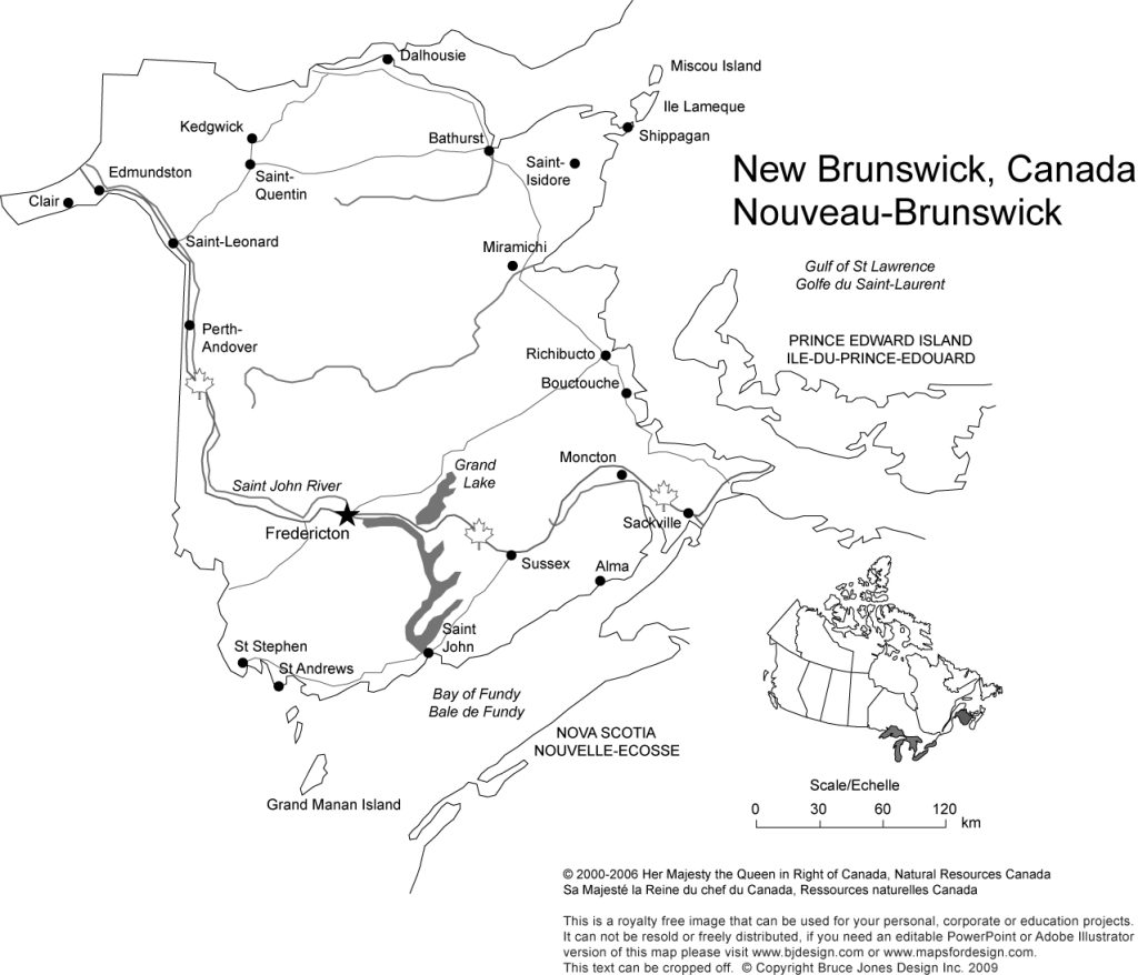 Printable, Blank Map of New Brunswick, Noueau-Brunswick, Canada Province, includes the Capital, Major Cities, Major Highways, Waterways, and Lakes, royalty-free in jpg format, Will print out to make an 8.5 x 11 map. Capital Fredericton, Canada, other cities, St. Steven, St. Andrews, Alma, Sussex, Saint John.