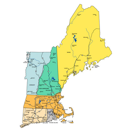 New England States PowerPoint Map, Highways, Waterways, Capital and Major Cities