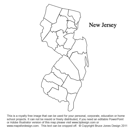 New Jersey, US State County Map, blank, printable, royalty-free, jpg format.