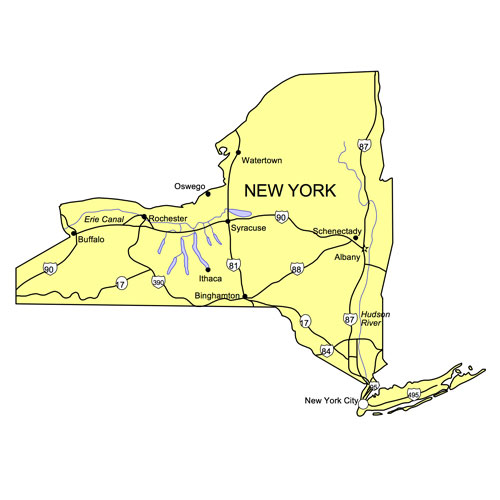 New York State PowerPoint Map, Highways, Waterways, Capital and Major Cities