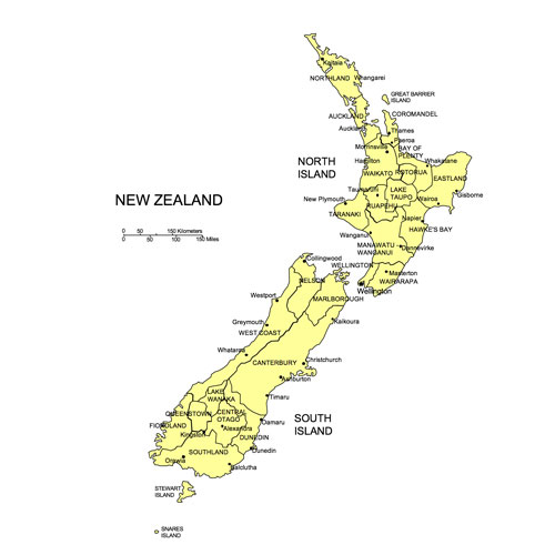 New Zealand, Country Map, Capitals, Names. Edit with PowerPoint or Adobe Illustrator, plus JPG format
