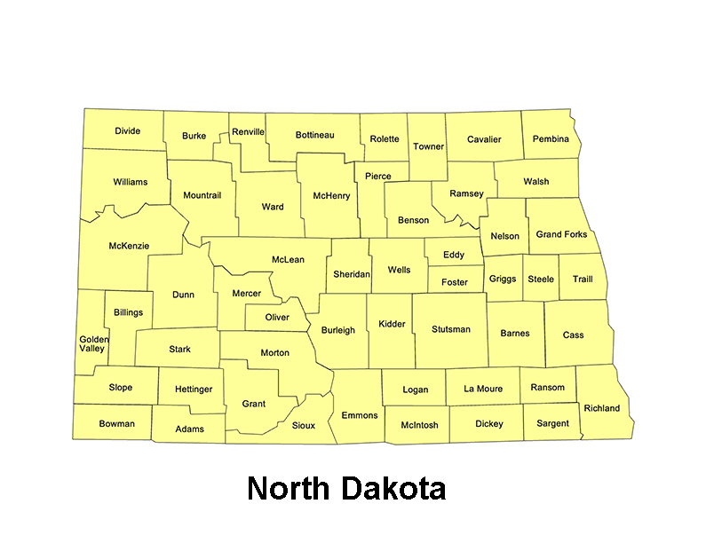 North Dakota State County Map, with names, printable, royalty-free, jpg format.