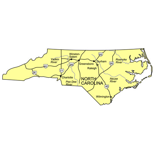 North Carolina State PowerPoint Map, Highways, Waterways, Capital and Major Cities