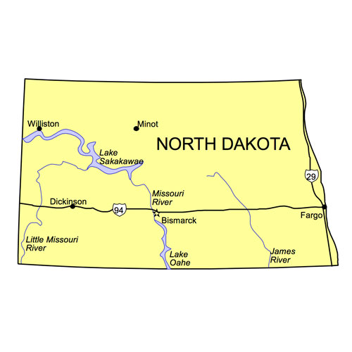 North Dakota US State PowerPoint Map, Highways, Waterways, Capital and Major Cities