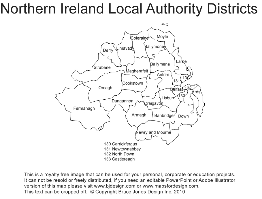 Royalty Free Printable, Blank, map of Northern Ireland, UK, England, United Kingdom, Great Britain, administrative district borders with names, jpg format. This map can be printed out to make a printable map. Capital is Belfast, Major cities, Armagh, Belfast, Derry, Lisburn, Newry