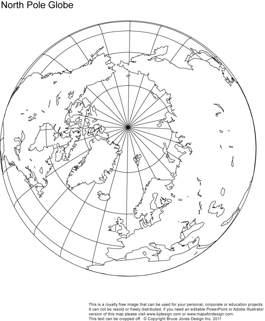 Printable North Pole Globe Blank Map, jpg format. This map can be printed out to make an 8.5 x 11 map. Shows North Pole, Canada, Russia, Europe, Northern Atlantic Ocean, Greenland.