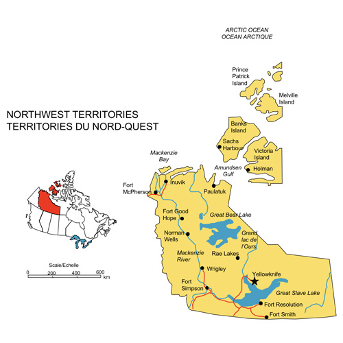 Northwest Territory, Canada Map, major water ways, highways, and cities. Includes capital and city text names. Editable PowerPoint and Adobe Illustrator Clip Art Maps, includes JPG map