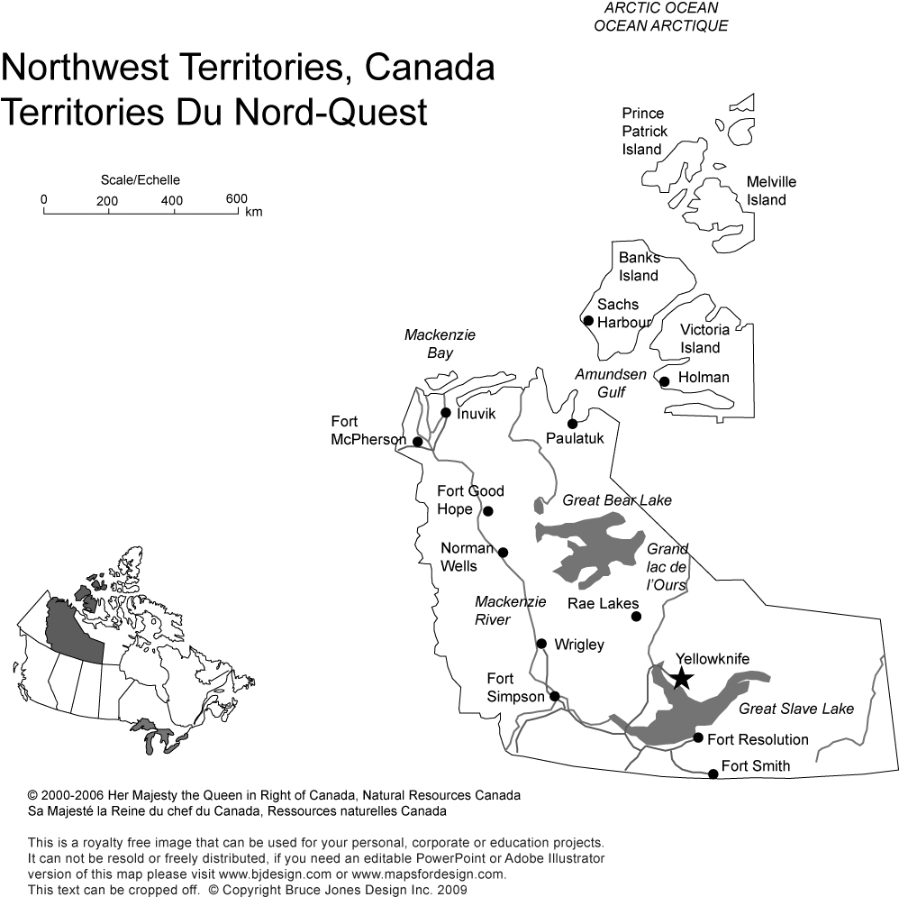 Printable, Blank Map of Northwest Territories, Canada Province, includes the Capital, Major Cities, Major Highways, Waterways, and Lakes, royalty-free in jpg format, Will print out to make an 8.5 x 11 map. Capital Yellowknife, Canada, other cities, Wrigley, Fort Simpson, Fort Smith, Paulatuk, Rae Lakes.