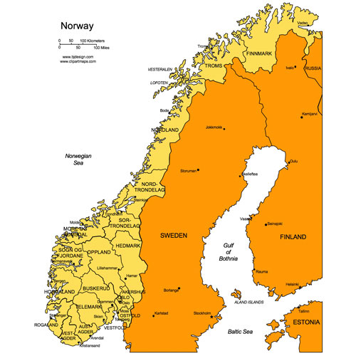 Norway Country Map with Administrative Districts, Capitals. Names. Edit with PowerPoint or Adobe Illustrator, includes a JPG version
