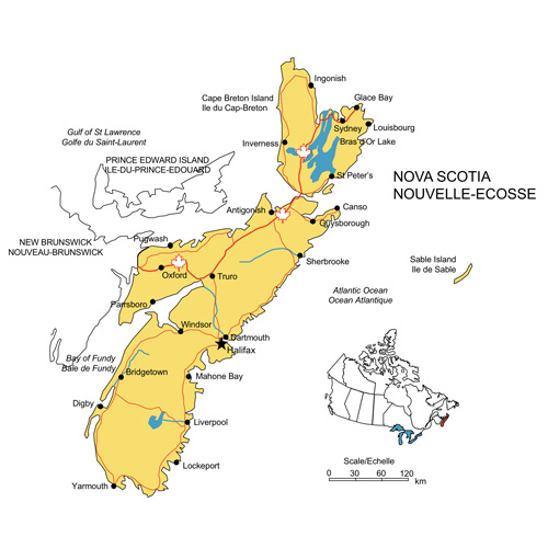 Nova Scotia, Canada Province PowerPoint and Adobe Illustrator Clip Art Map, Highways, Waterways, Cities and names. Editable PowerPoint and Adobe Illustrator Clip Art map, includes a JPG map
