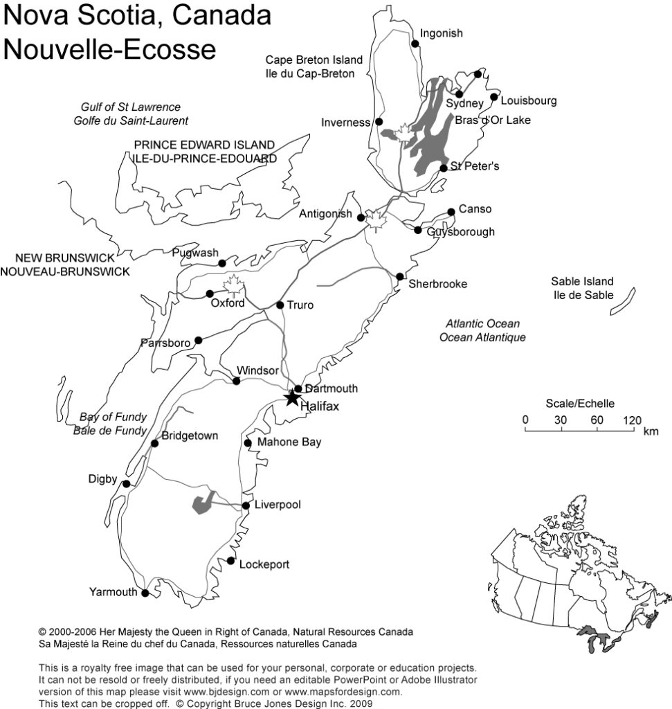 Printable, Blank Map of Nova Scotia, Canada province, includes the Capital, Major Cities, Major Highways, Waterways, and Lakes, royalty-free in jpg format, Will print out to make an 8.5 x 11 map. Capital Halifax, Canada, other cities, Yarmouth, Dartmouth, Liverpool, Cape Brenton Island.