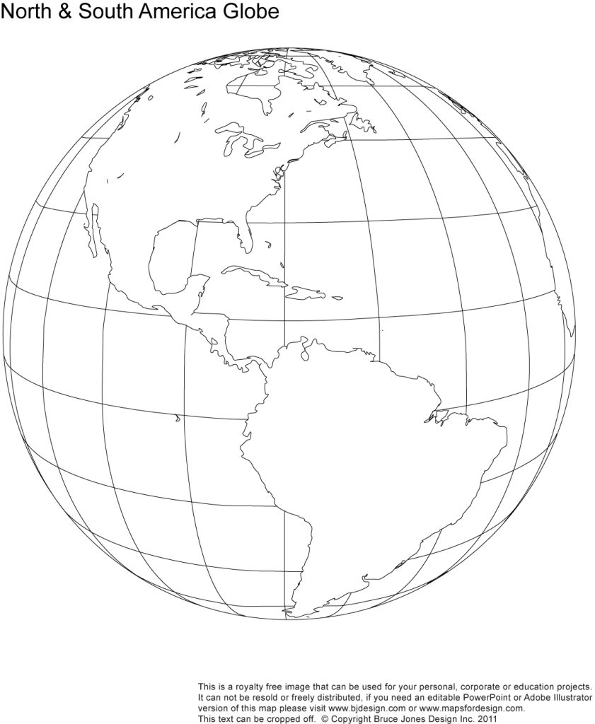 Printable North and South America Globe Blank Map, jpg format. This map can be printed out to make an 8.5 x 11 map. Shows United States, Canada, Central America, Mexico, South America, Brazil, Caribbean Sea, Atlantic Ocean, Pacific Ocean.